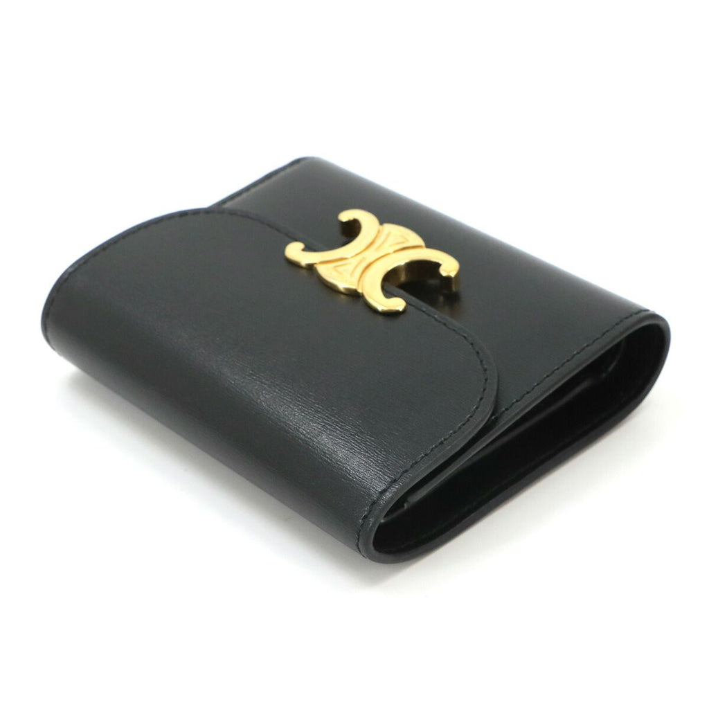 Celine Triomphe Compact Wallet Trifold Leather Black Gold — view 4