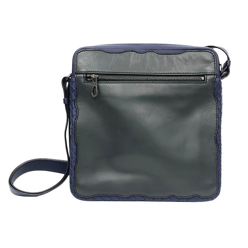 Bottega Veneta Intrecciato Trim Leather Shoulder Bag Crossbody Navy Gray Braided