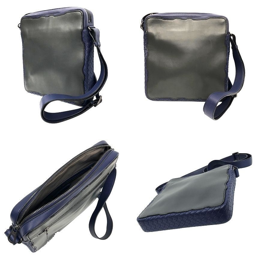 Bottega Veneta Intrecciato Trim Leather Shoulder Bag Crossbody Navy Gray Braided — view 2
