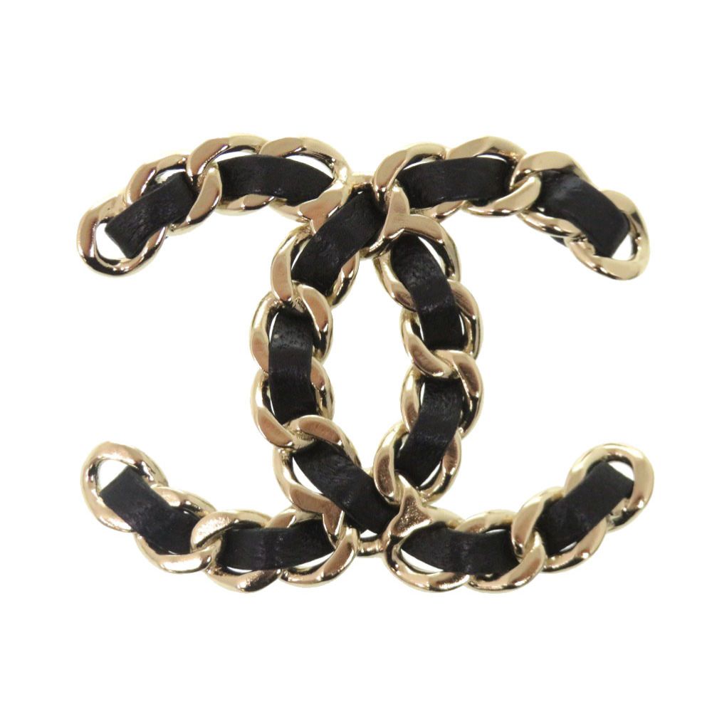 Chanel CC Logo Chain Motif Brooch Leather Black