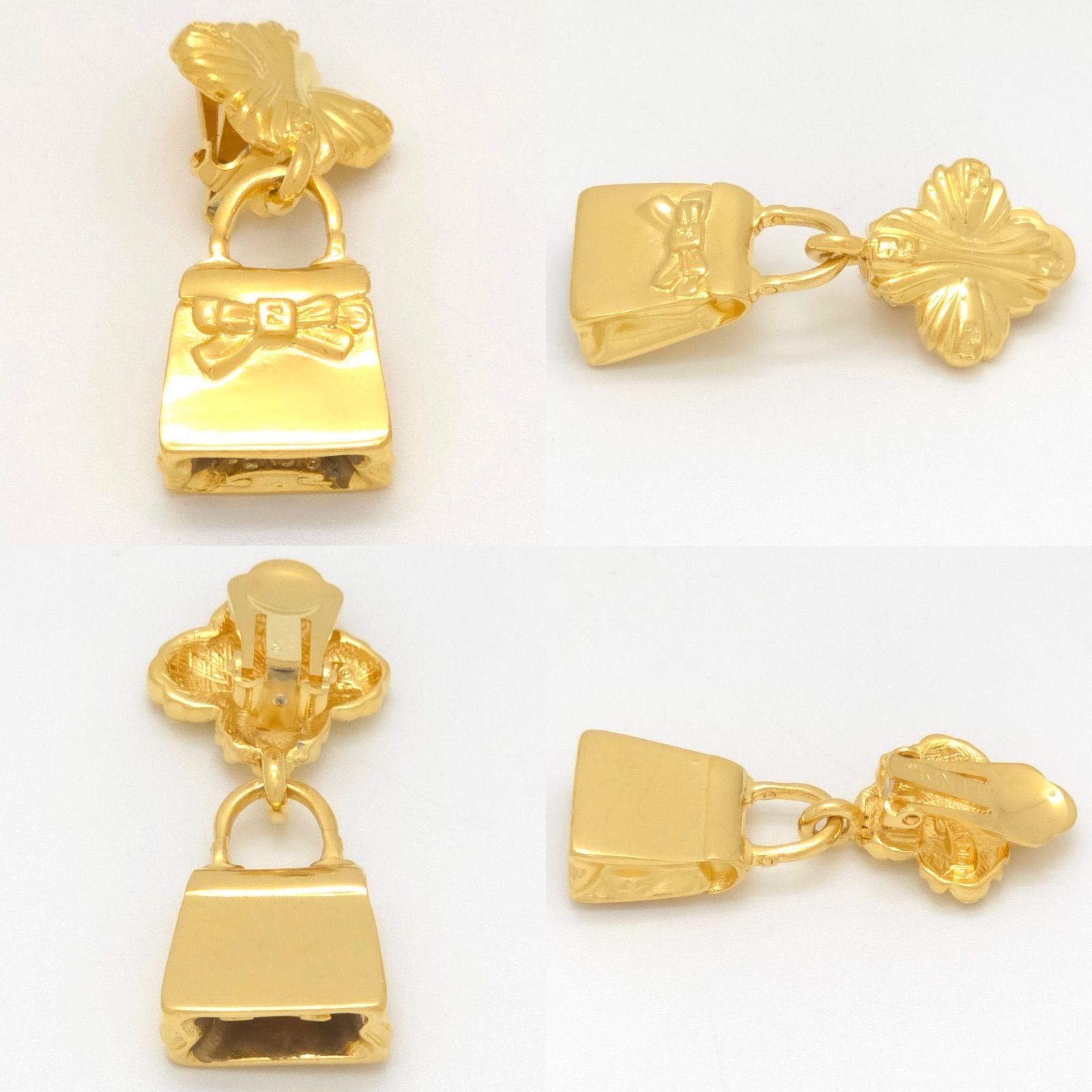 Fendi Bag Pumps Motif Earrings Asymmetric Gold Polished Metal Clip on Vintage — view 5