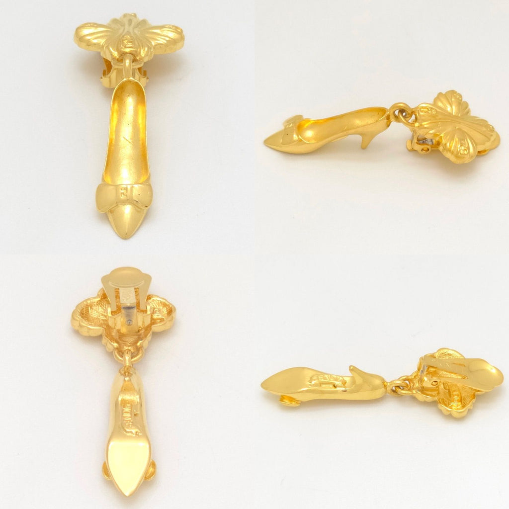 Fendi Bag Pumps Motif Earrings Asymmetric Gold Polished Metal Clip on Vintage — view 4