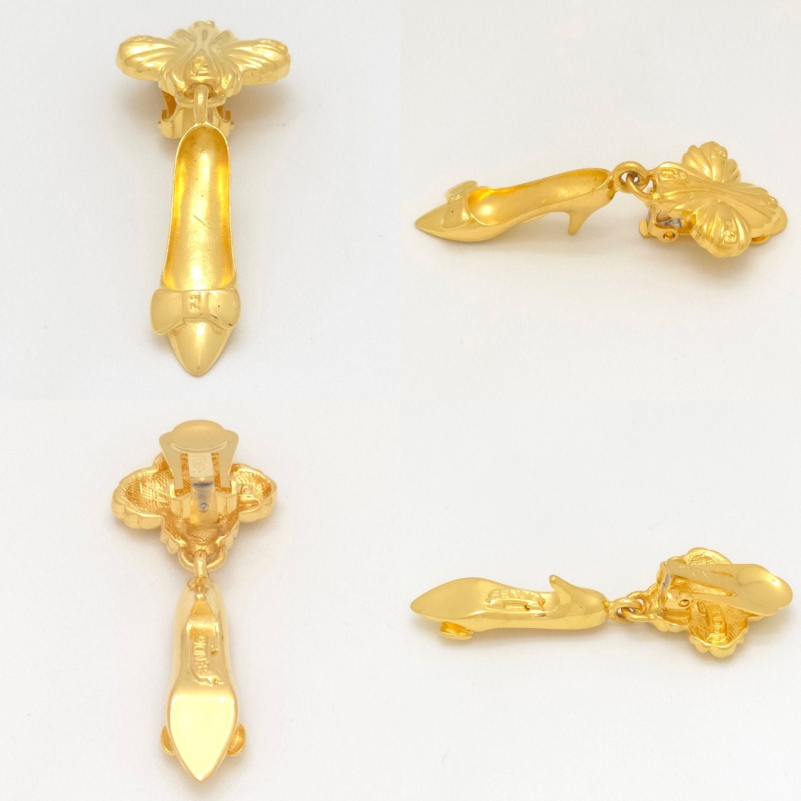 Fendi Bag Pumps Motif Earrings Asymmetric Gold Polished Metal Clip on Vintage — view 4