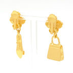 Fendi Bag Pumps Motif Earrings Asymmetric Gold Polished Metal Clip on Vintage