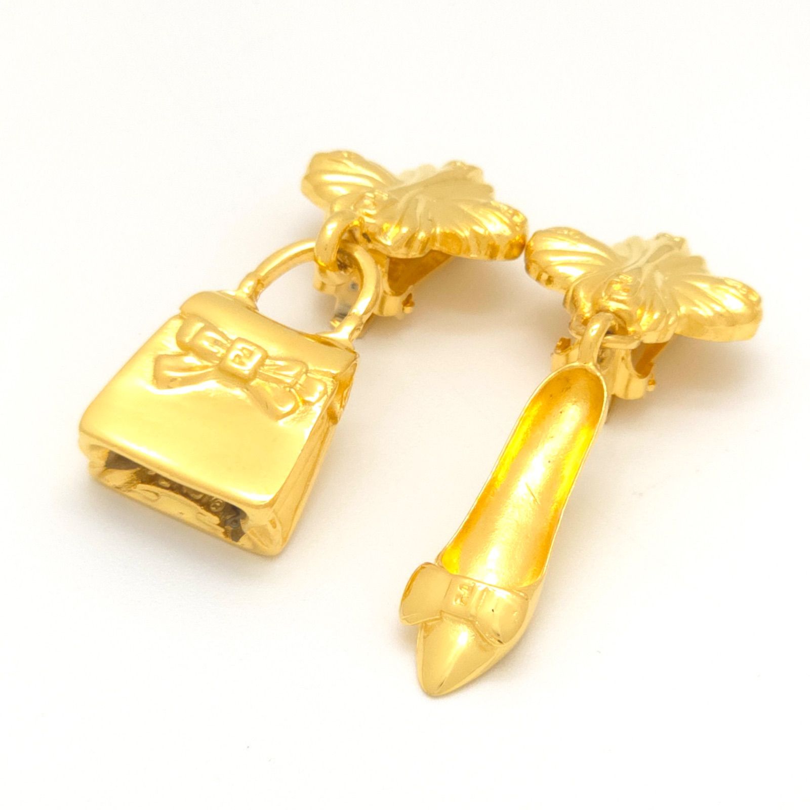Fendi Bag Pumps Motif Earrings Asymmetric Gold Polished Metal Clip on Vintage — view 2