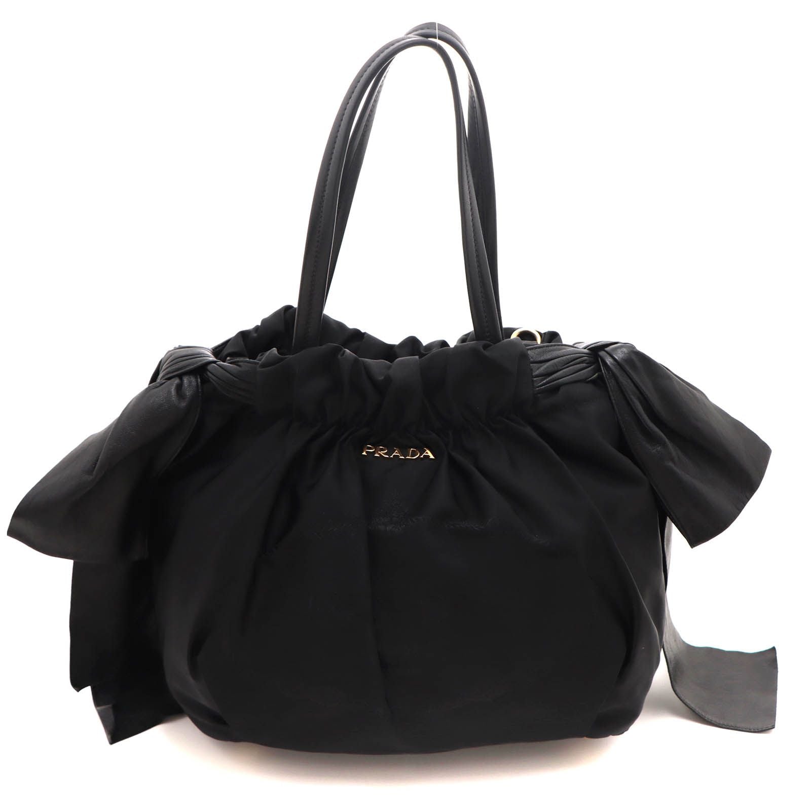 Prada Side Ribbon 2-Way Bag Black Nylon Leather