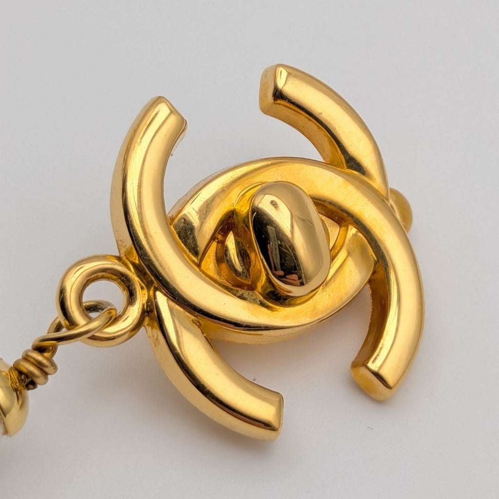 Chanel Earrings CC Logo Turnlock Gold Faux Pearl Drop Swing Vintage — view 2