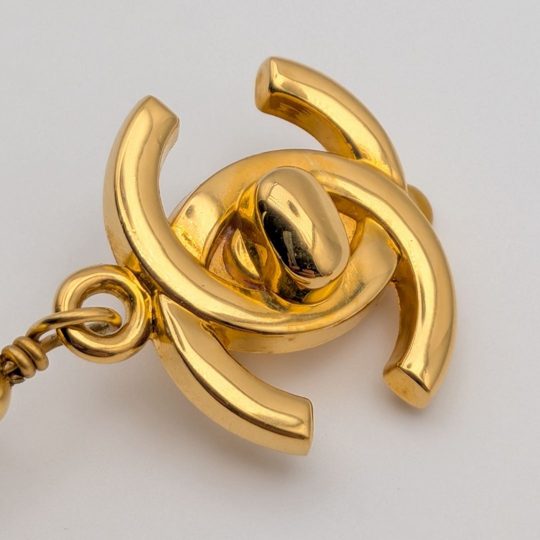 Chanel Earrings CC Logo Turnlock Gold Faux Pearl Drop Swing Vintage — view 4