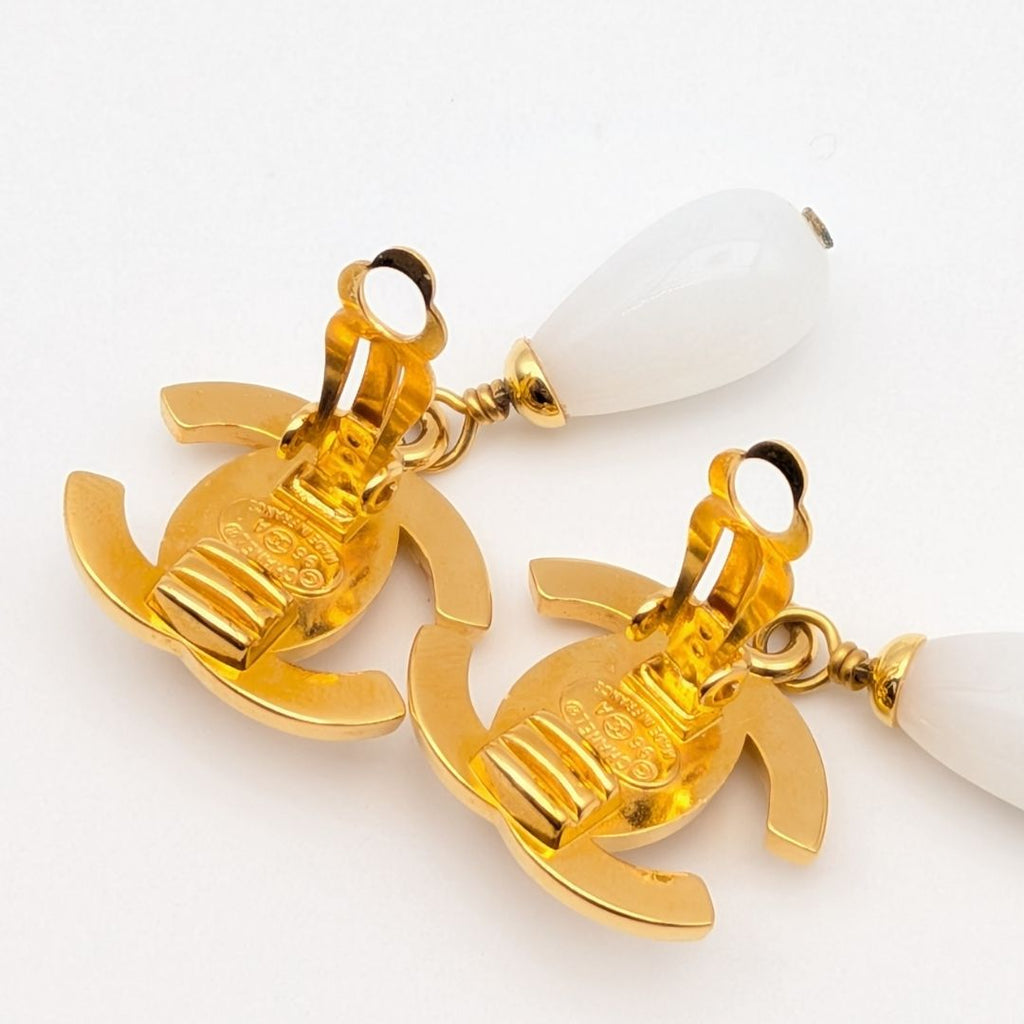 Chanel Earrings CC Logo Turnlock Gold Faux Pearl Drop Swing Vintage — view 8