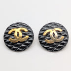 Chanel Earrings CC Logo Quilted Gold Black Round First Era Vintage