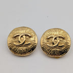 Chanel Earrings CC Logo Round Circle Gold Radiant Pattern First Era Vintage