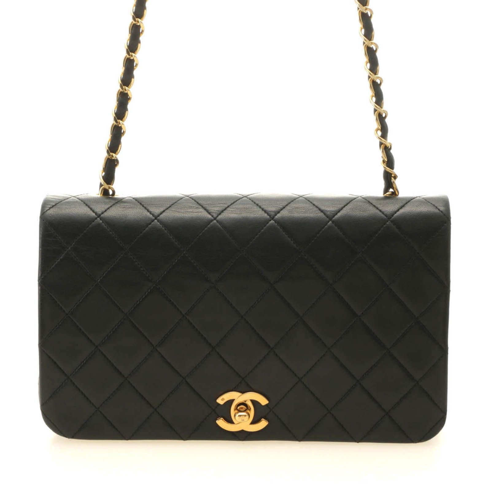 Chanel Quilted 23 Turnlock Full Flap Chain Shoulder Bag Black Gold Lambskin