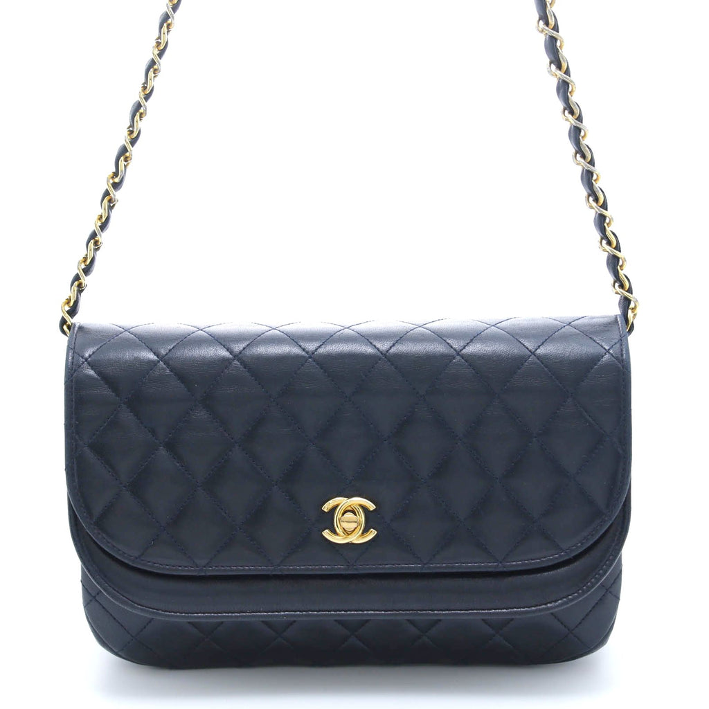 Chanel Quilted Half Moon Double Flap Chain Shoulder Navy Bag Lambskin