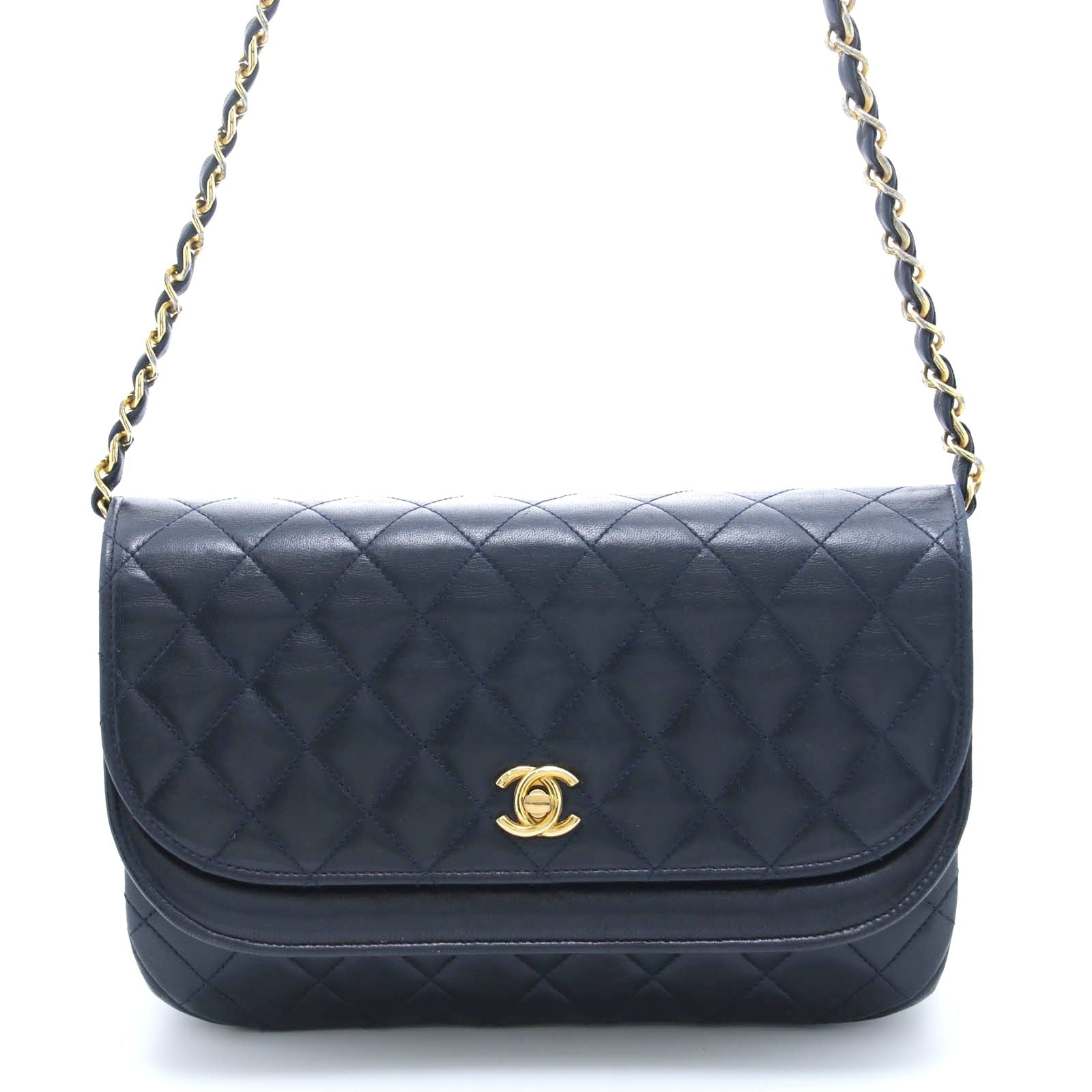 Chanel Quilted Half Moon Double Flap Chain Shoulder Navy Bag Lambskin