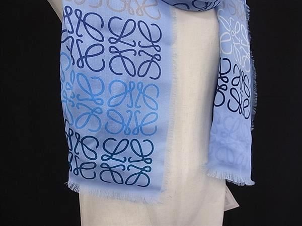 Loewe Anagram Wool Silk Fringe Shawl Blue Scarf — view 2