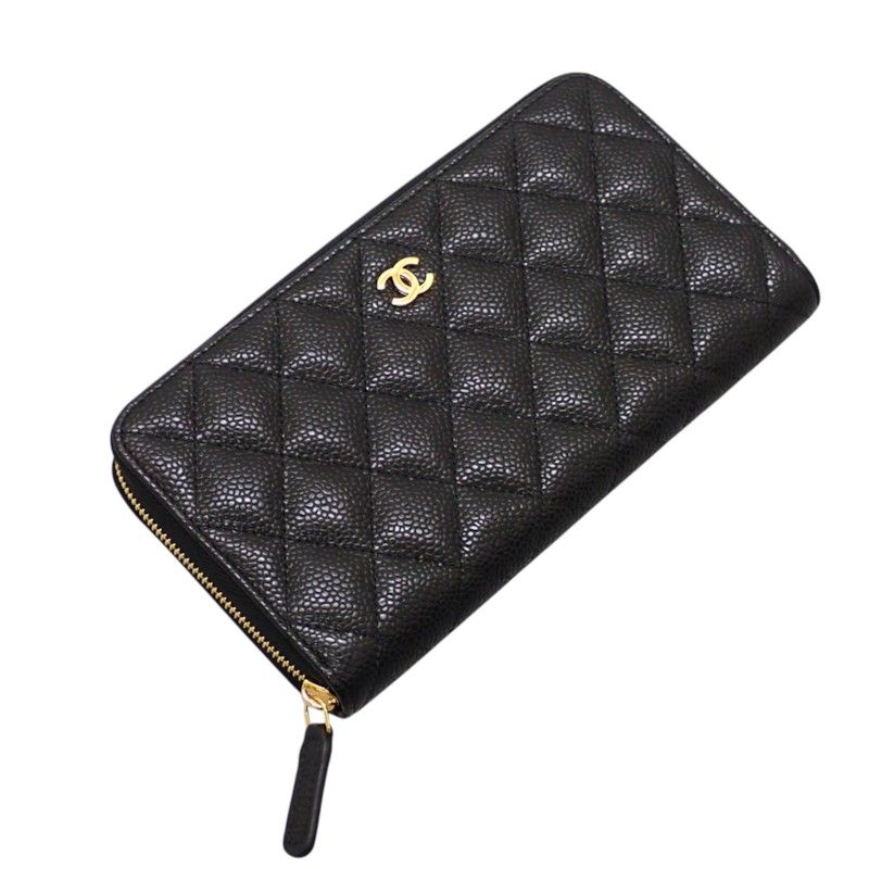 Chanel Classic Long Zip Wallet Caviar Leather Black Quilted Gold Genus — view 5