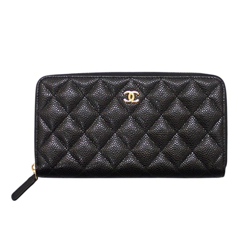 Chanel Classic Long Zip Wallet Caviar Leather Black Quilted Gold Genus — view 2