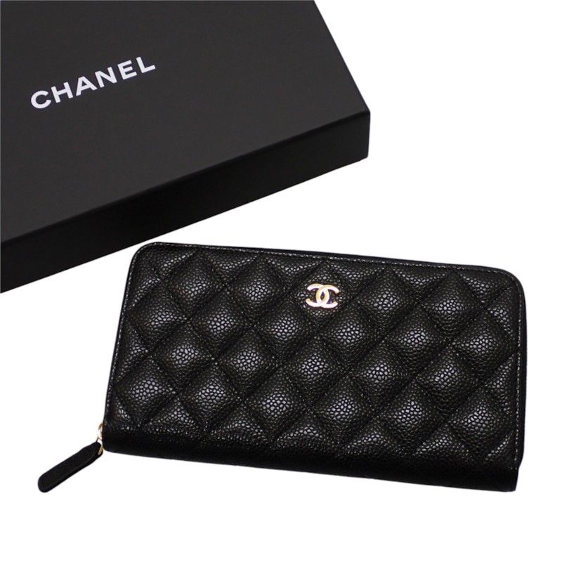 Chanel Classic Long Zip Wallet Caviar Leather Black Quilted Gold Genus