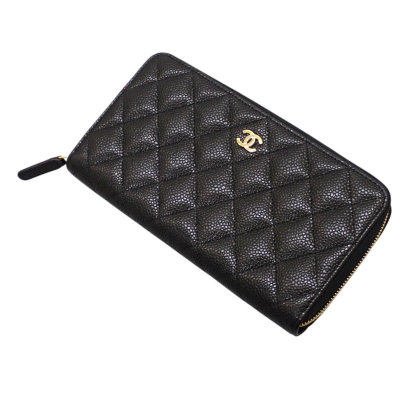 Chanel Classic Long Zip Wallet Caviar Leather Black Quilted Gold Genus — view 4