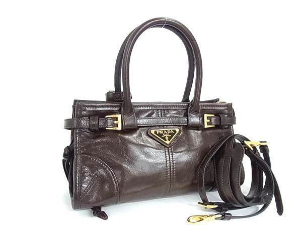 Prada Bonnie Leather 2-Way Handbag Shoulder Crossbody Brown Gold