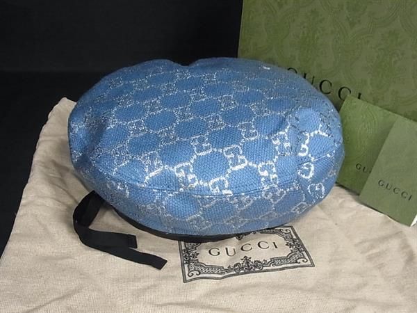 Gucci GG Pattern Glitter Wool Nylon Beret M 57 Light Blue Silver Hat