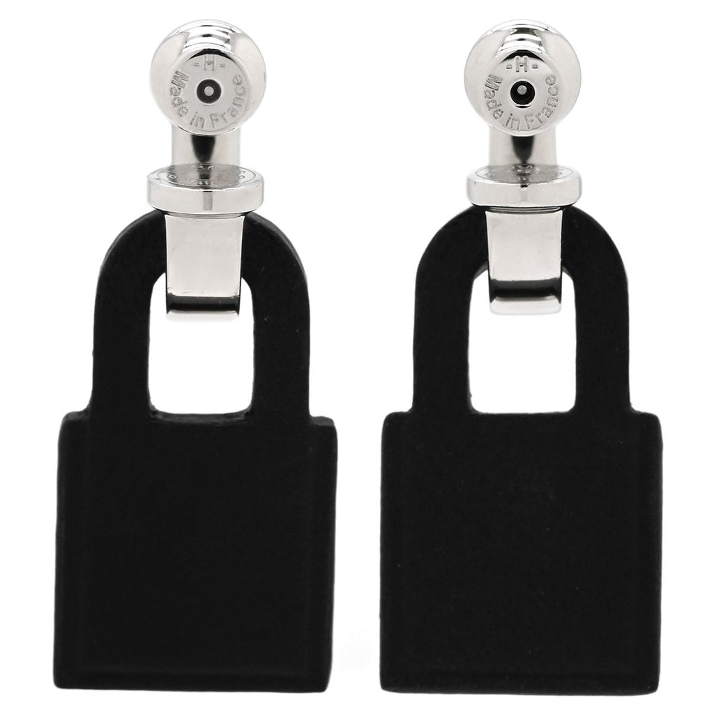 Hermes Earrings O'Kelly Metal Veau Swift Black Silver Cadena Shape Hoop — view 2