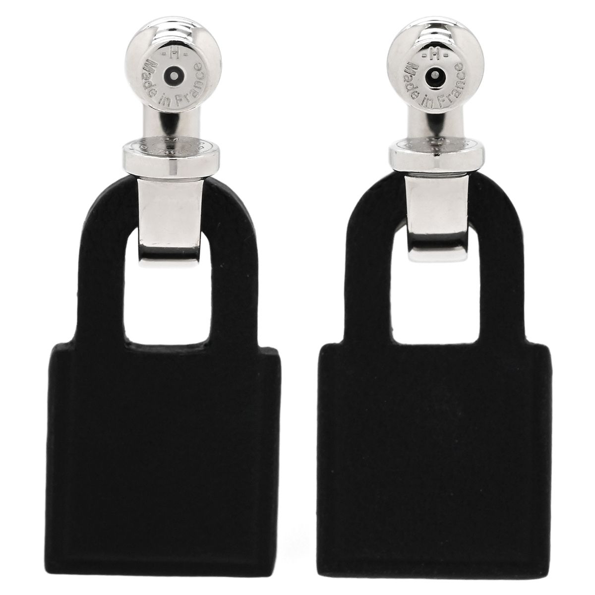 Hermes Earrings O'Kelly Metal Veau Swift Black Silver Cadena Shape Hoop — view 2