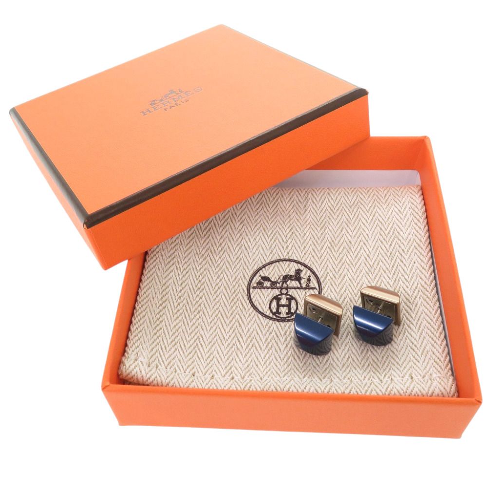 Hermes Medor Reversible Metal Navy Gold Earrings — view 2