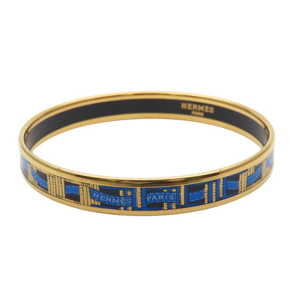 Hermes Bracelet Enamel PM Metal Blue Gold Black Cloisonne Ribbon