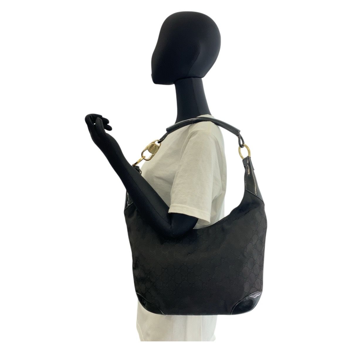 Gucci Black Gold GG Canvas Leather Hobo Shoulder Bag — view 7