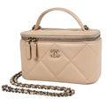 Chanel Shoulder Bag CC Logo Vanity Top Handle Caviar Leather Beige