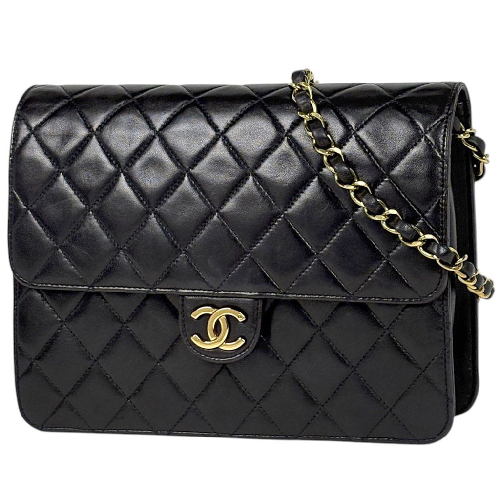 Chanel Shoulder Bag Quilted CC Logo Single Flap Push Lock Leather Black