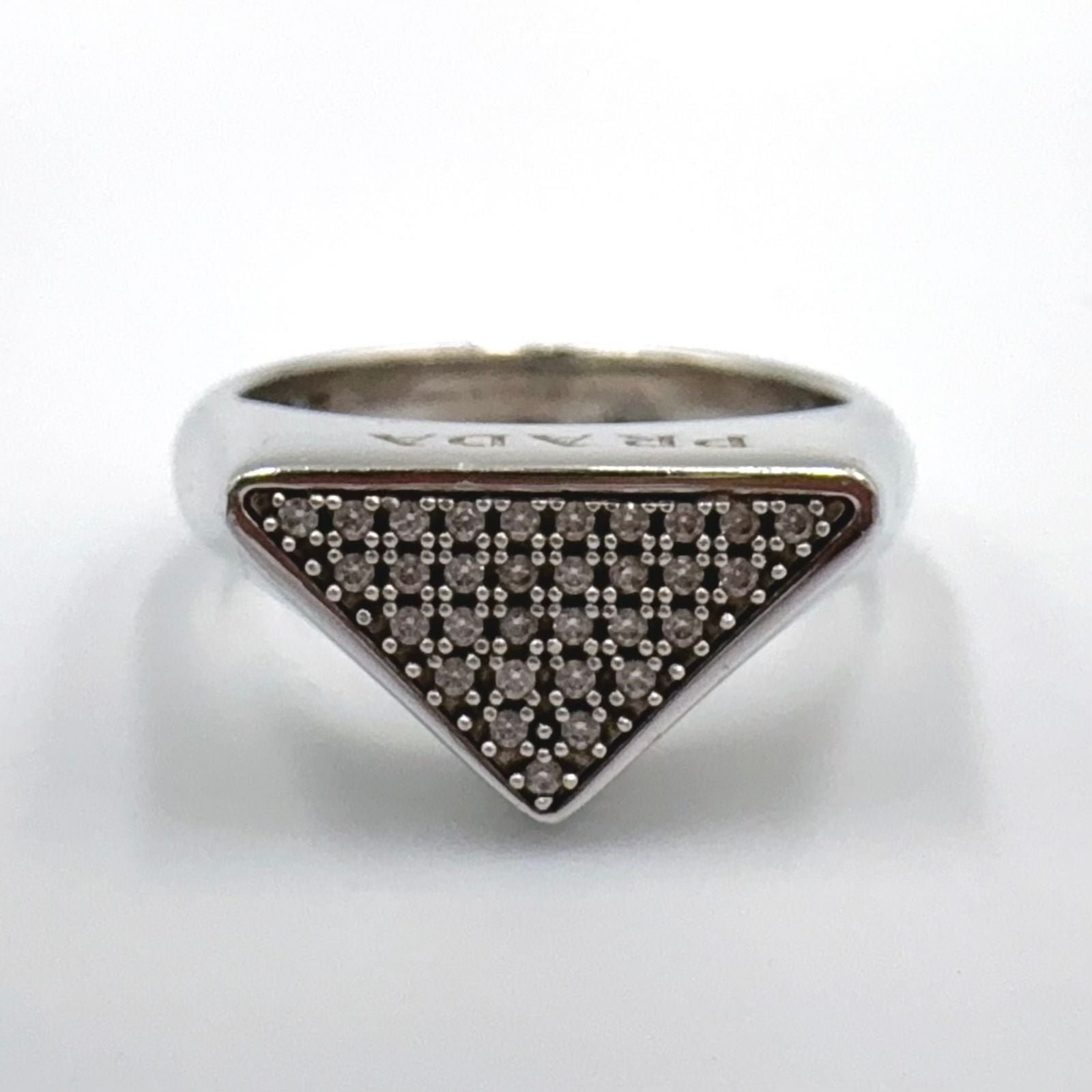 Prada Triangle Logo Pavestone Rhinestone 925 Sterling Silver Clear Ring