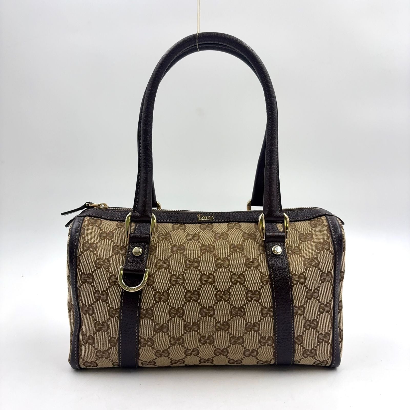 Gucci Abbey Leather Canvas Dark Brown Beige Handbag Gold