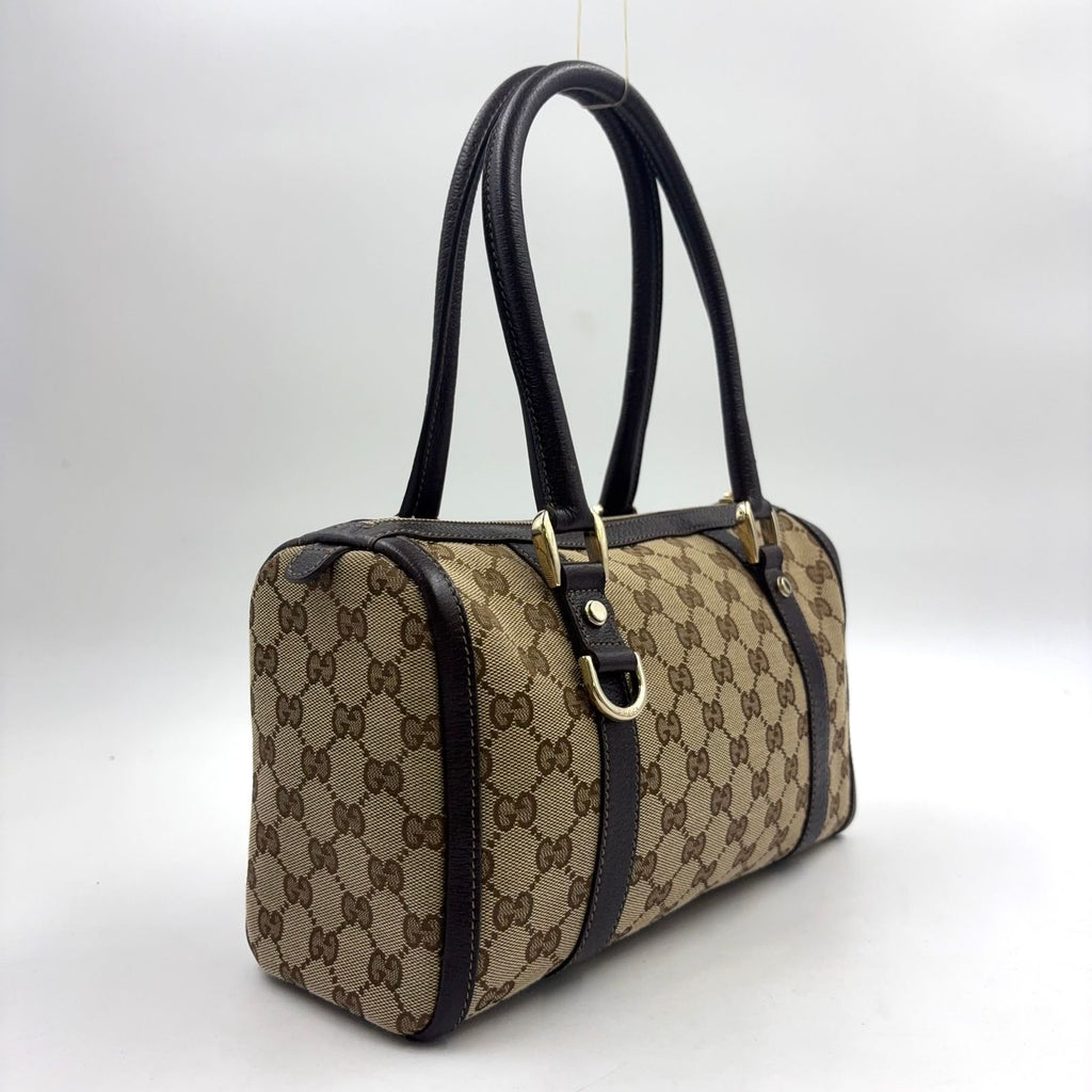 Gucci Abbey Leather Canvas Dark Brown Beige Handbag Gold — view 2