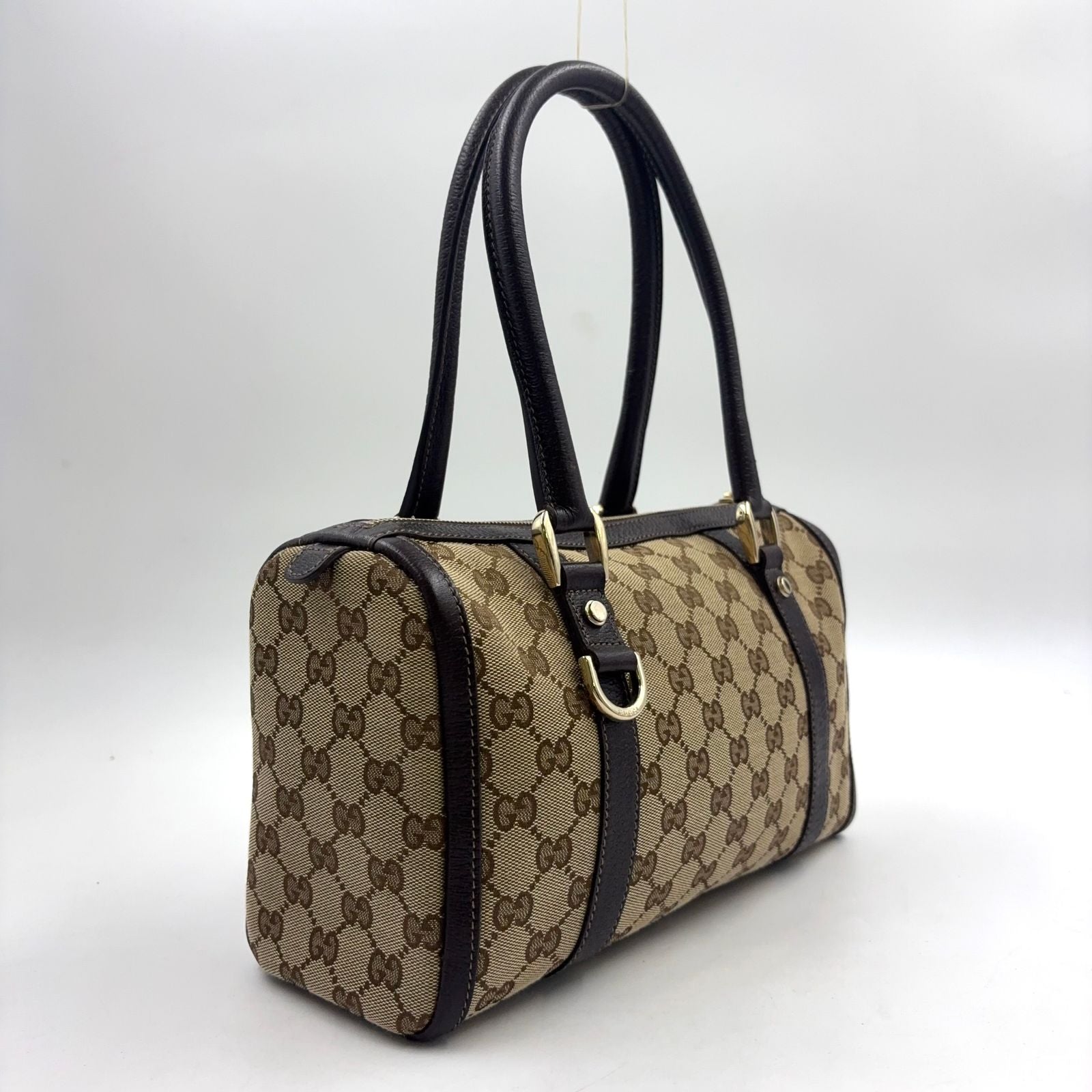 Gucci Abbey Leather Canvas Dark Brown Beige Handbag Gold — view 2