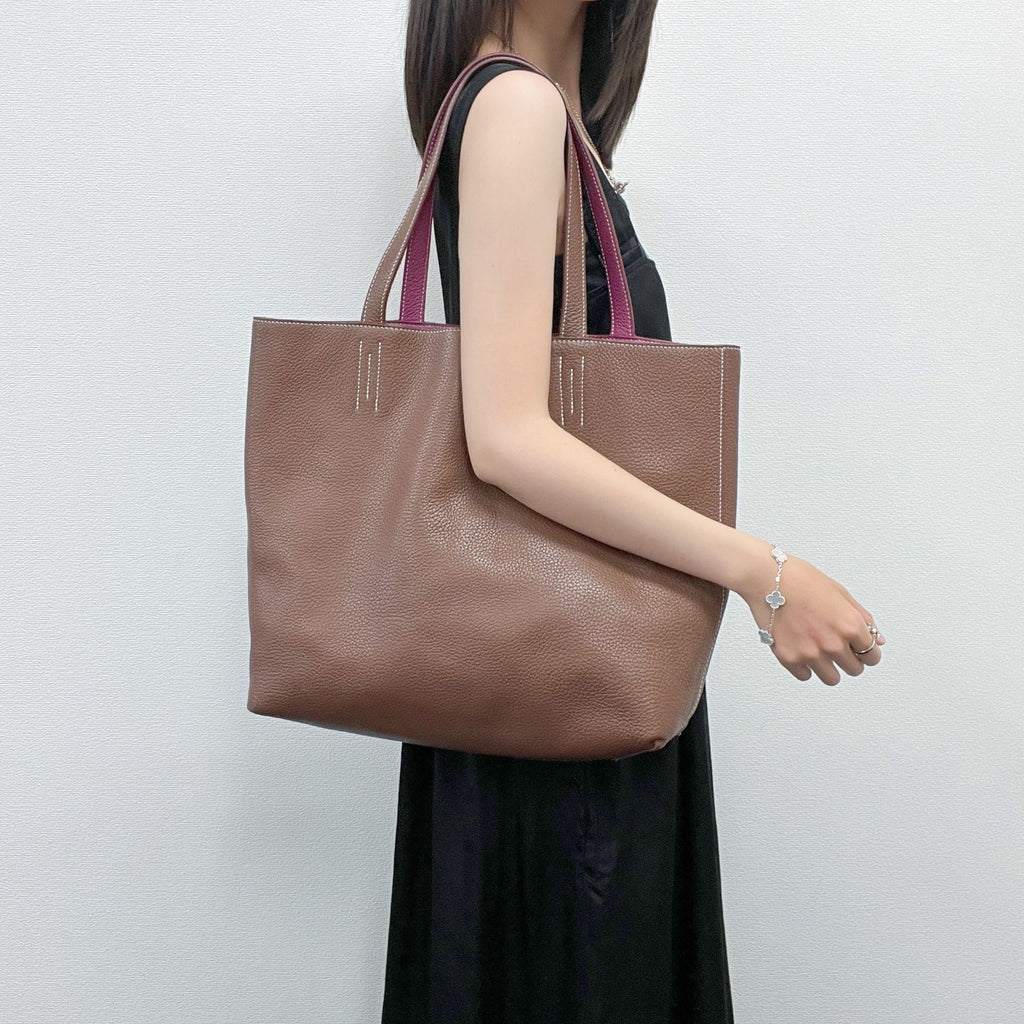Hermes Double Sens 36 Reversible Tote Shoulder Bag Taurillon Clemence Brown
