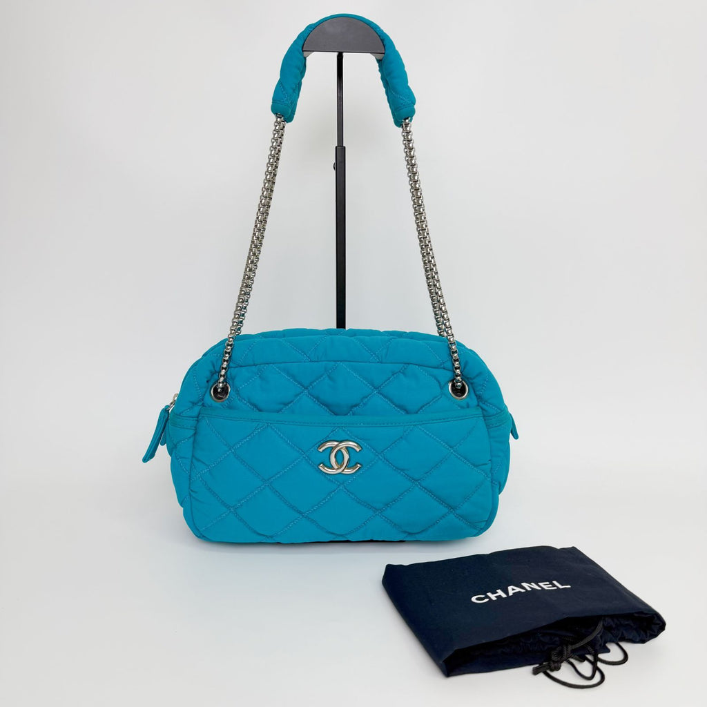 Chanel Bubble Quilt Chain Shoulder Bag Cotton Turquoise Blue Silver Seal Vintage — view 2