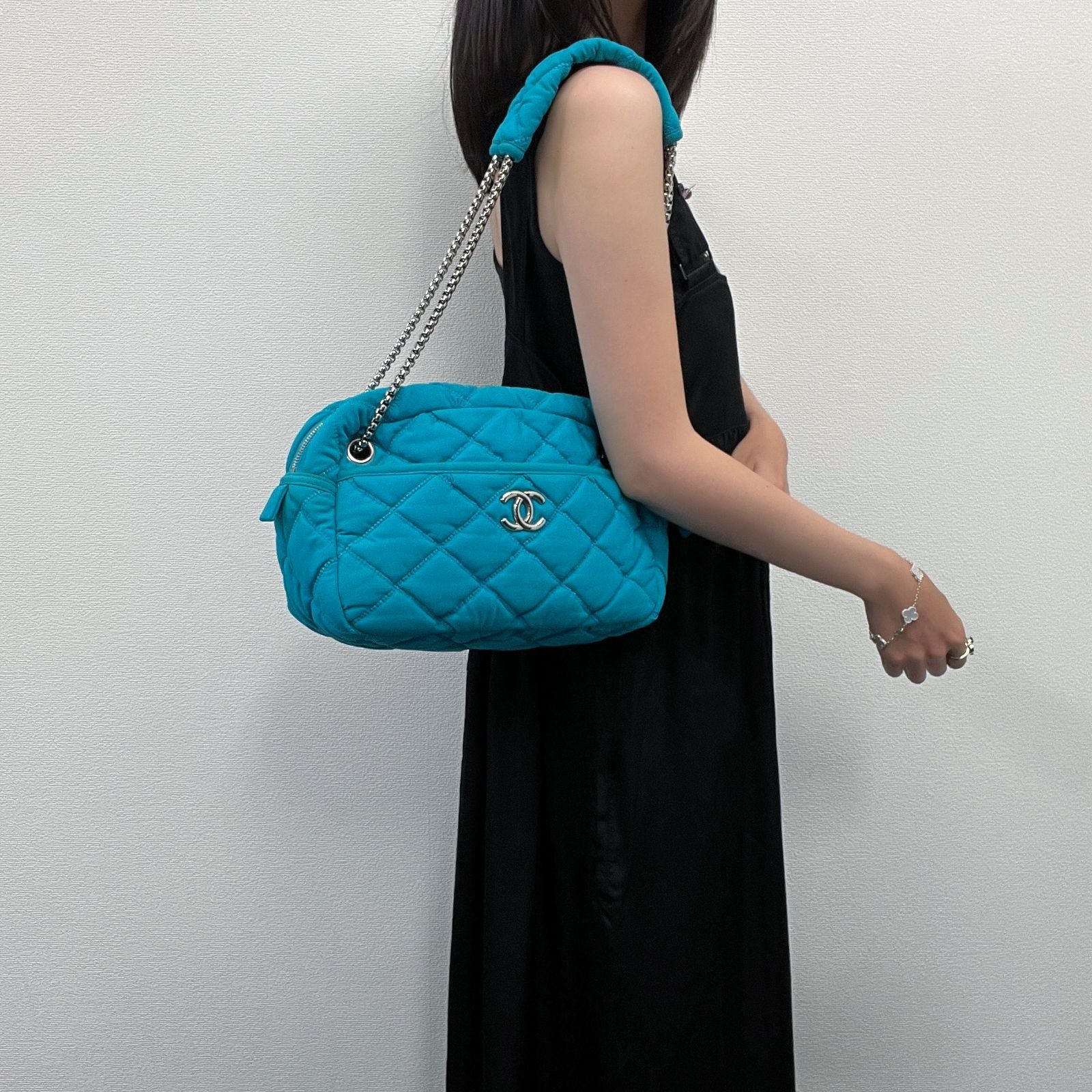 Chanel Bubble Quilt Chain Shoulder Bag Cotton Turquoise Blue Silver Seal Vintage