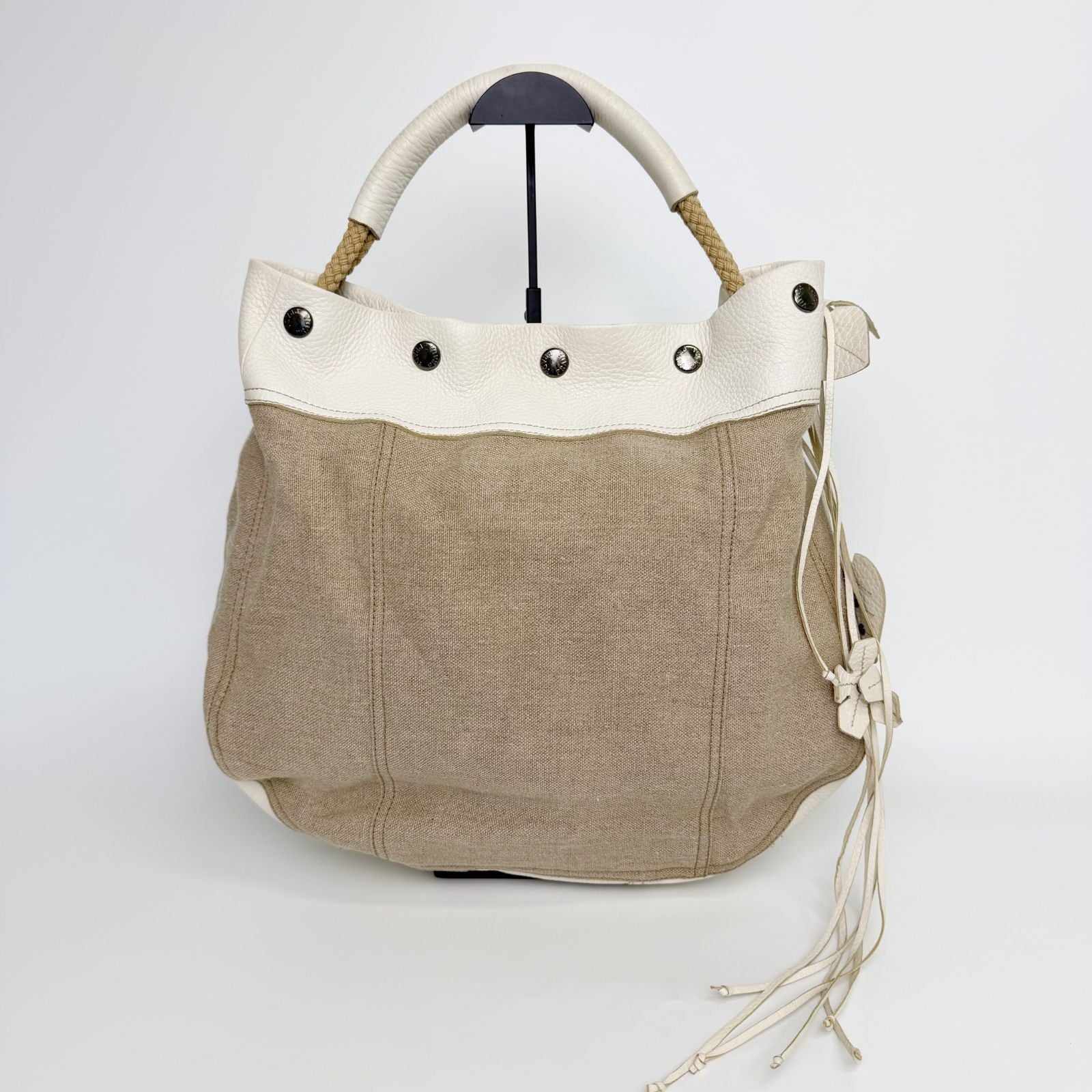 Prada Rope Handle Fringe Hobo Tote Shoulder Bag Canvas Leather Beige Vintage — view 4
