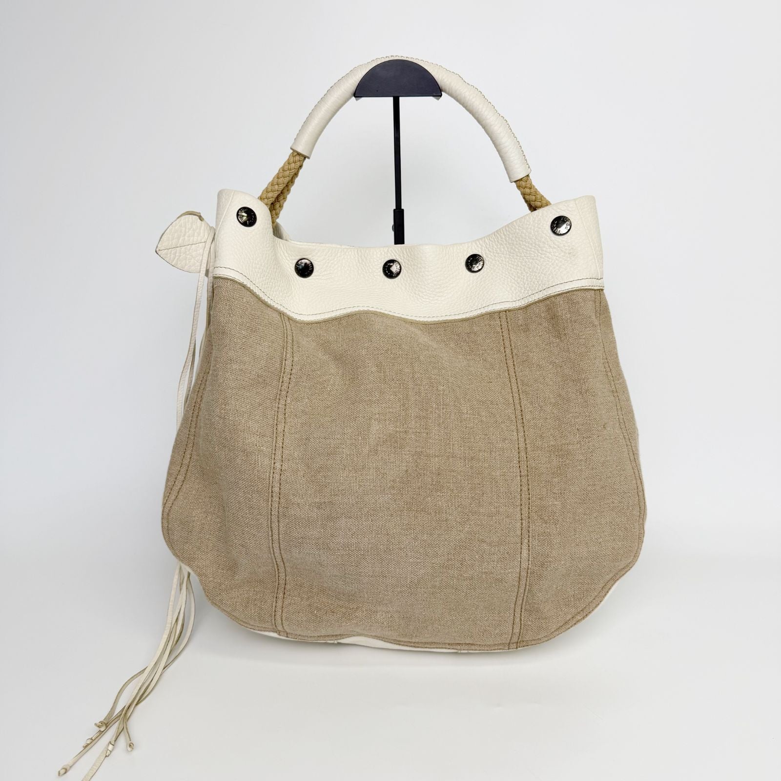 Prada Rope Handle Fringe Hobo Tote Shoulder Bag Canvas Leather Beige Vintage — view 3