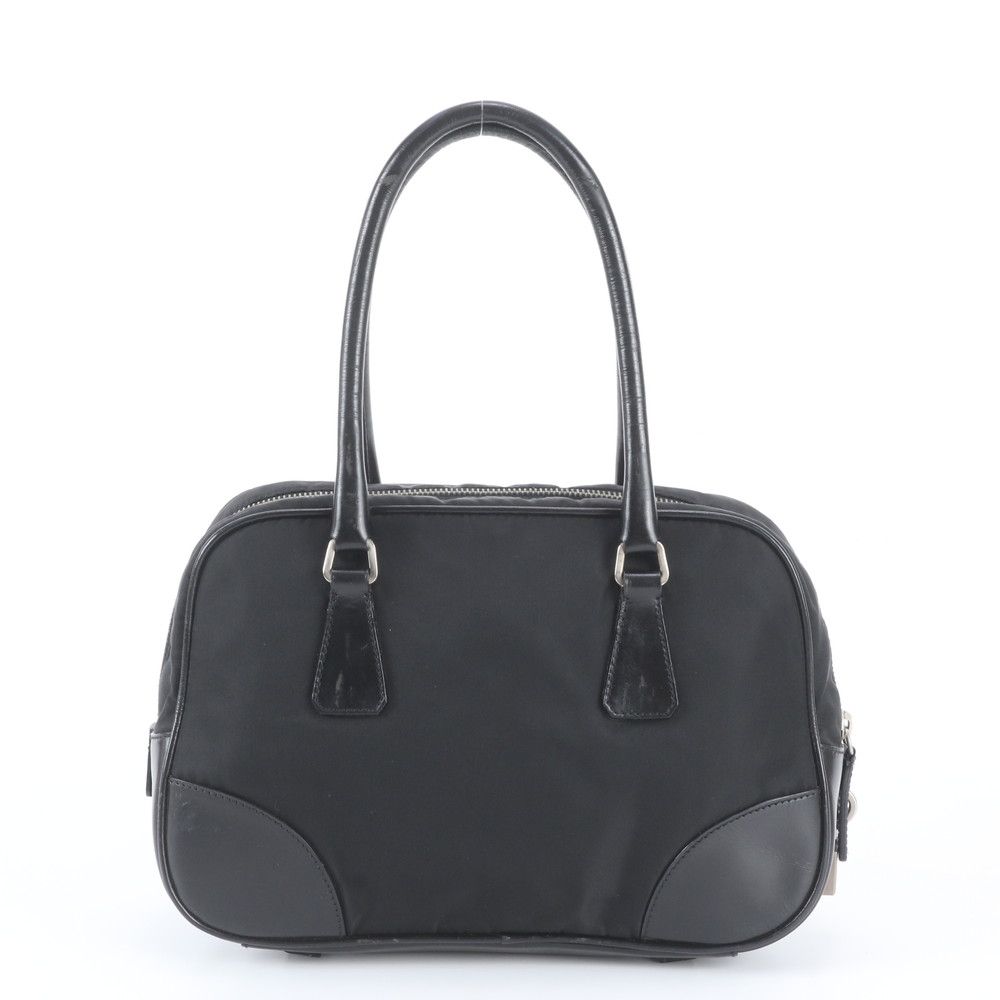 Prada Tessuto Nylon Triangle Logo Leather Handbag Tote Black — view 3