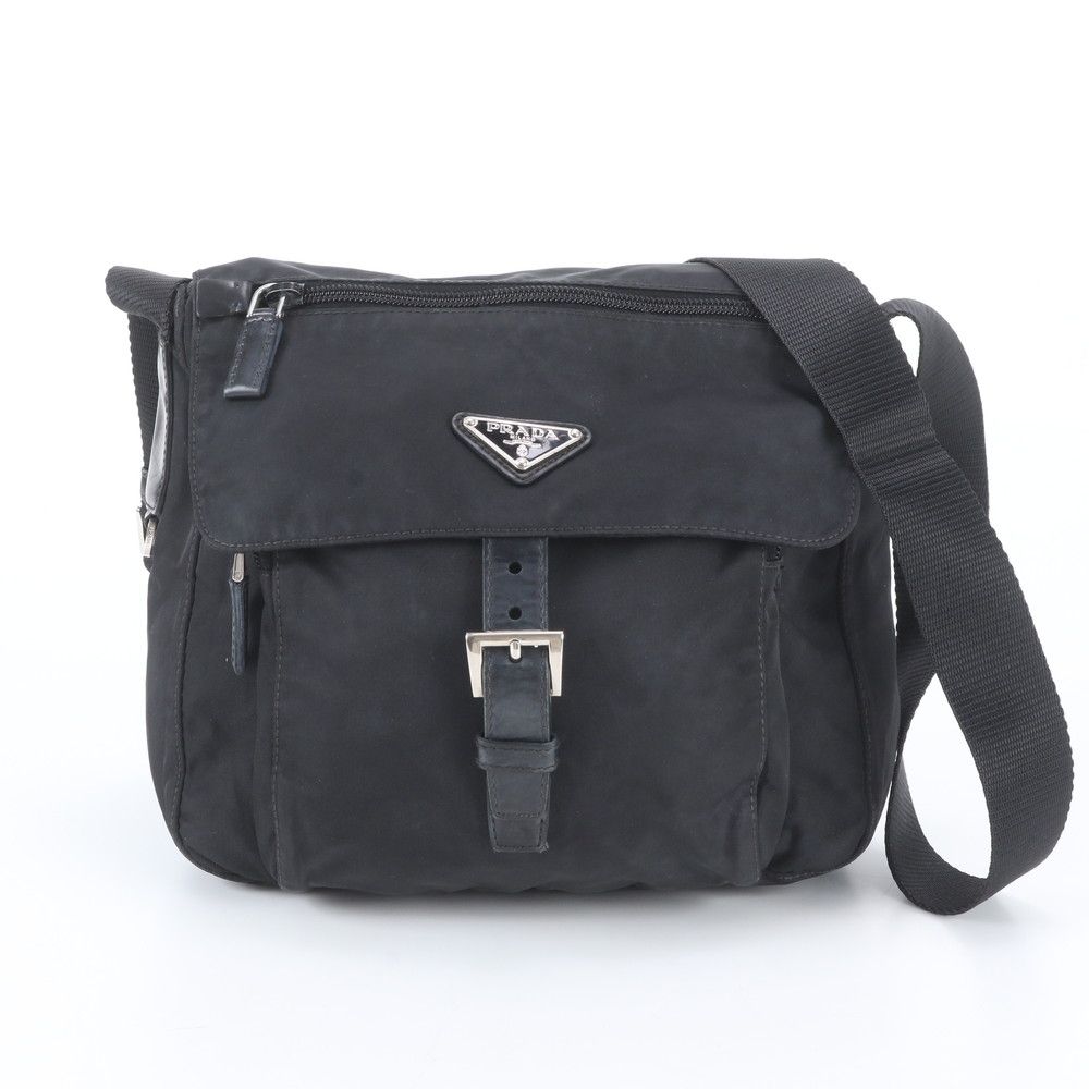Prada Tessuto Nylon Triangle Logo Leather Shoulder Bag Crossbody Messenger Black