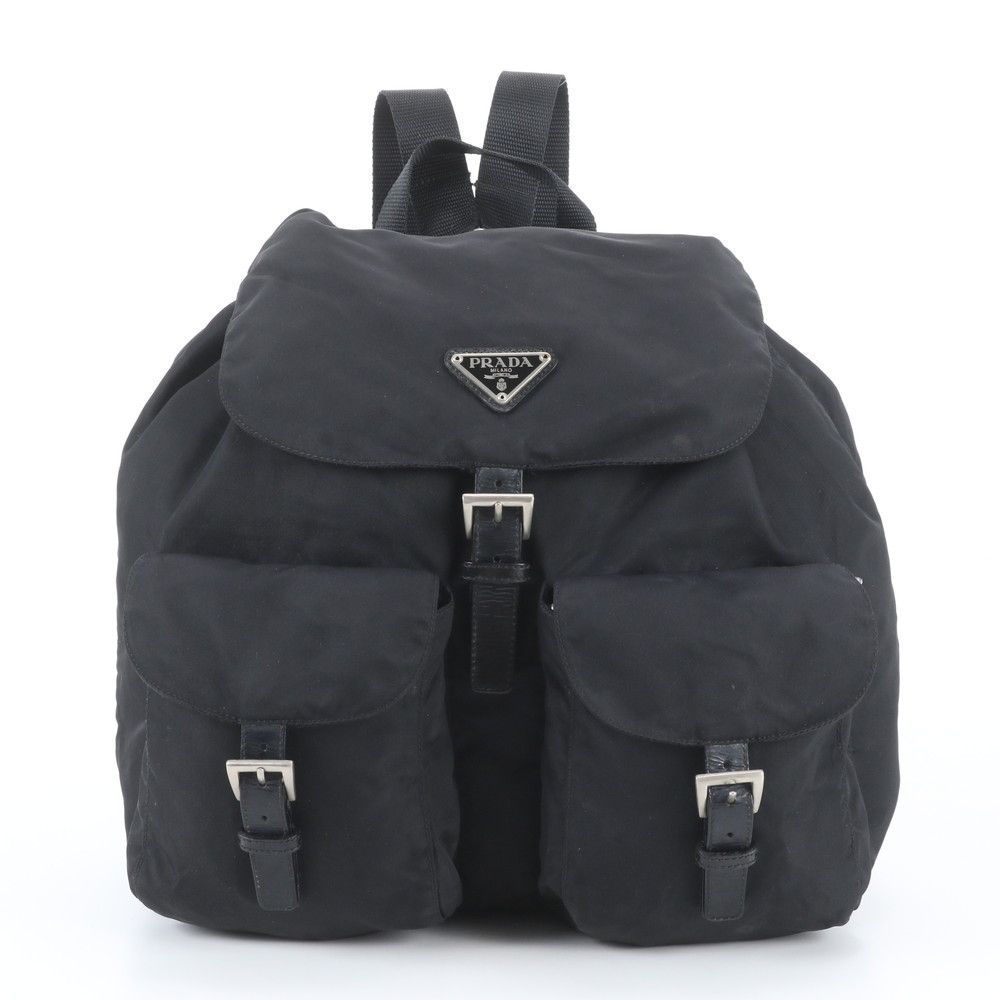 Prada Tessuto Nylon Triangle Logo Leather Backpack Black