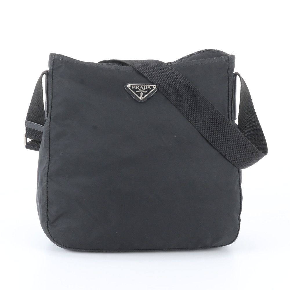 Prada Tessuto Nylon Triangle Logo Leather Shoulder Bag Crossbody Messenger Black