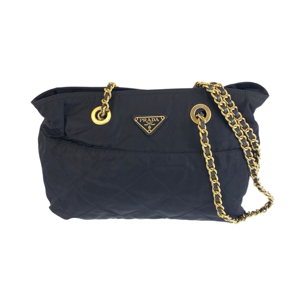 Prada Vintage Tessuto Navy Gold Nylon Leather Tote Shoulder Bag