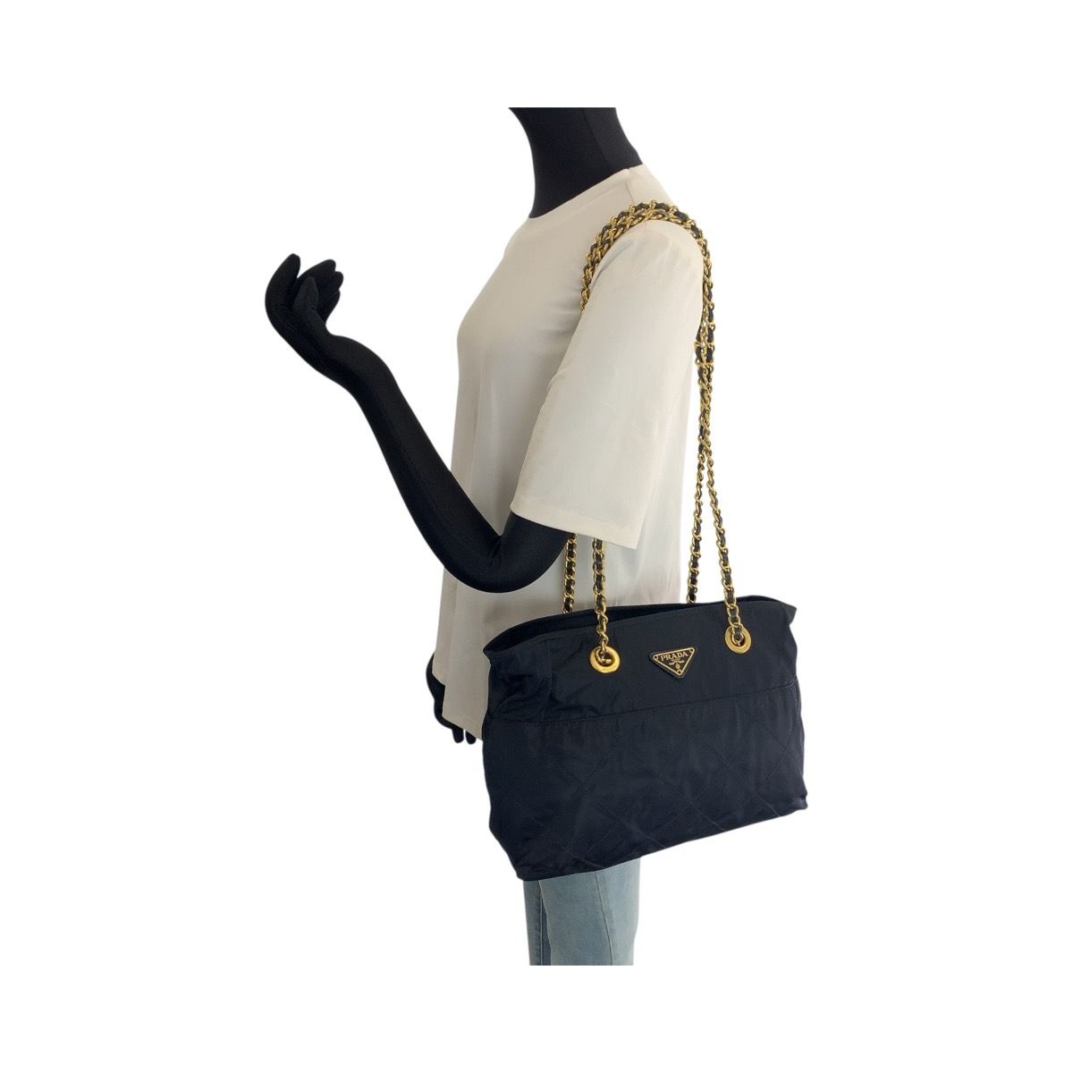 Prada Vintage Tessuto Navy Gold Nylon Leather Tote Shoulder Bag — view 6