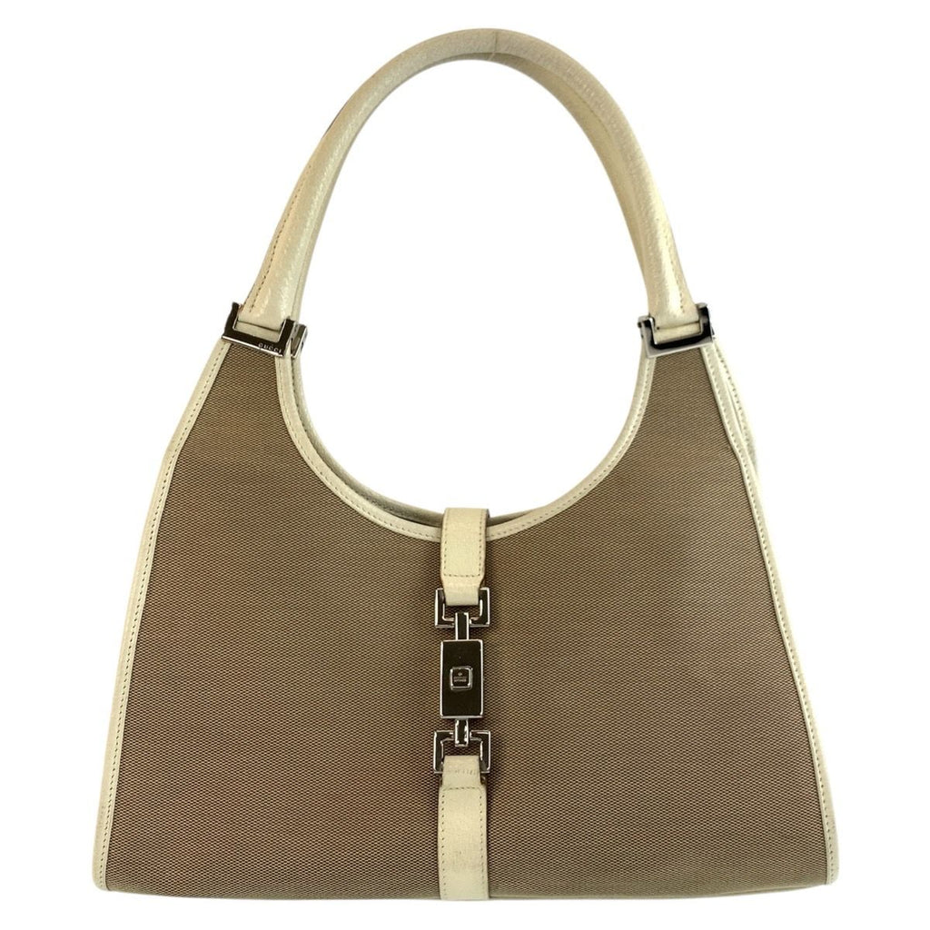 Gucci Jackie Beige Ivory Canvas Leather Tote Bag