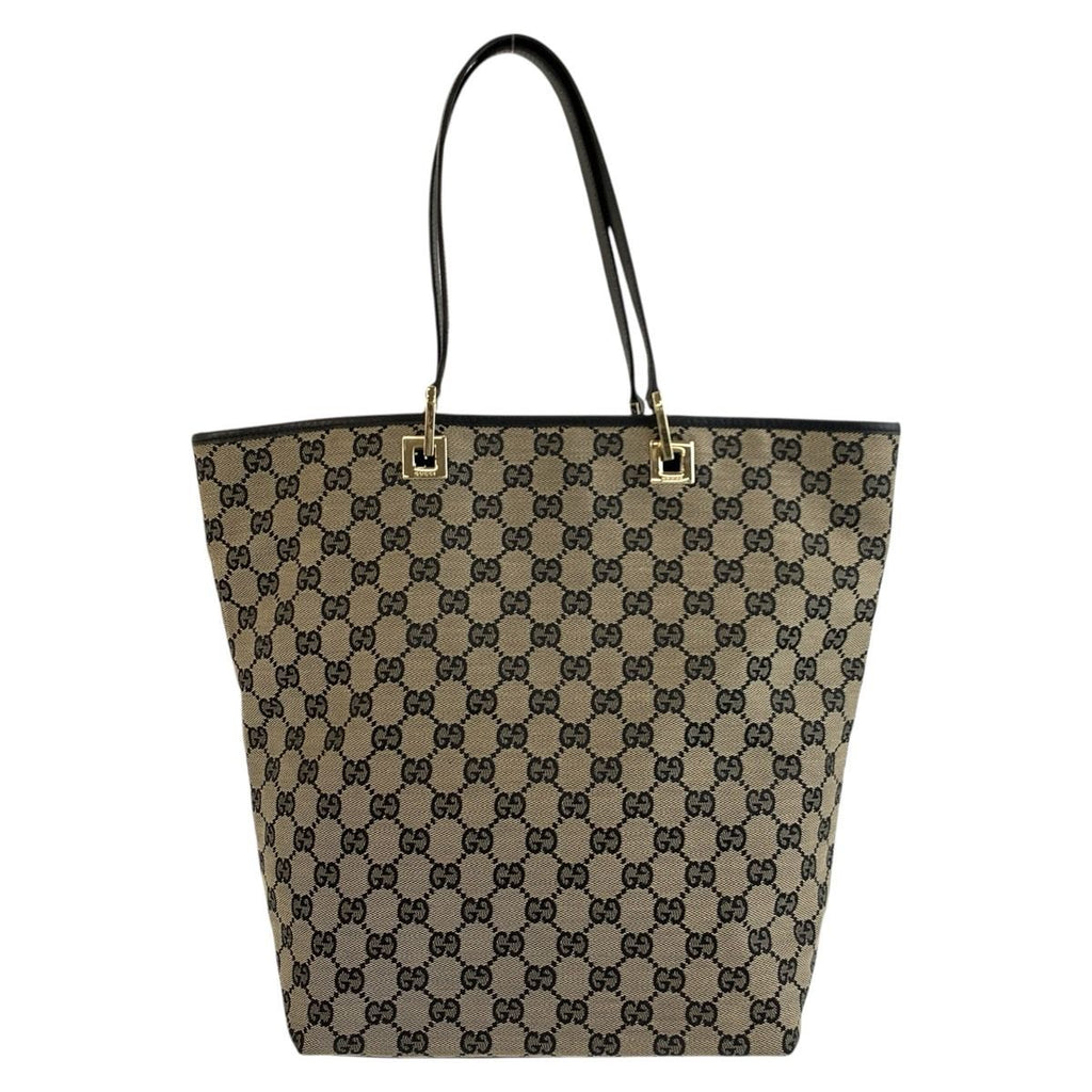 Gucci Black Beige Gold GG Canvas Leather Tote Shoulder Bag