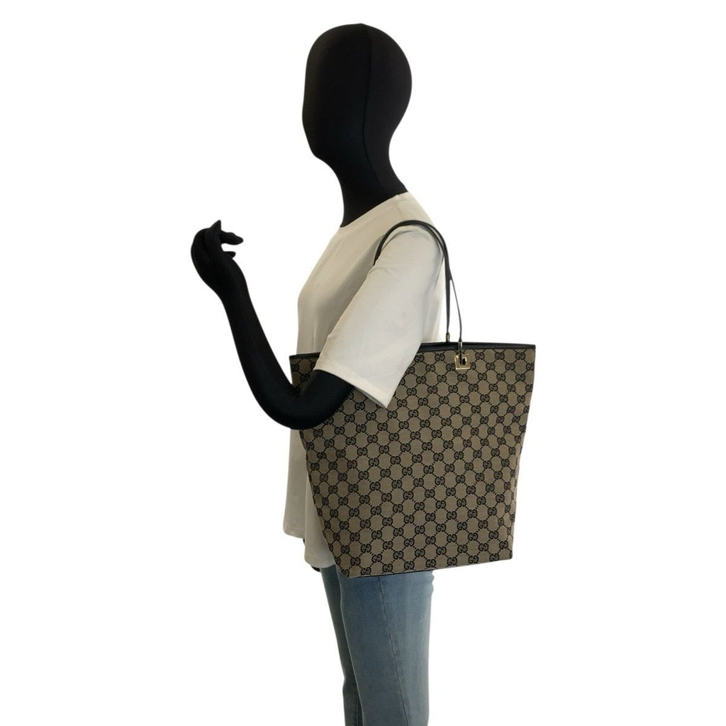 Gucci Black Beige Gold GG Canvas Leather Tote Shoulder Bag — view 6